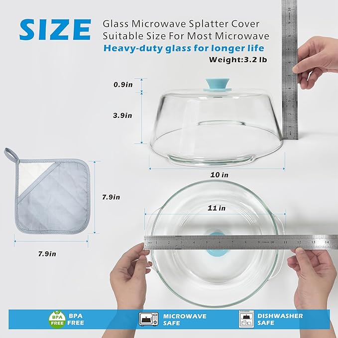 Tall Glass Microwave Splatter Cover for Food with Vent Hole 100% Food Safe 10in Plate Splatter Guard Lid with Silicone Knob BPA Free Cookware Serving Dish Cover Dishwasher Safe - Image 6