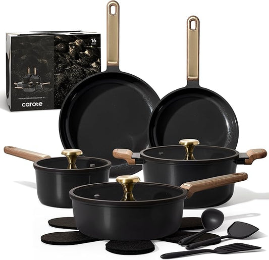CAROTE Ceramic Cookware Set Nonstick, 16pcs Pots and Pans Set Nonstick, Non-Toxic & PFAS-Free, Dishwasher, RV/Camping Cookware Set, Cooking Pots with Lids, Charcoal Black by CAROTE