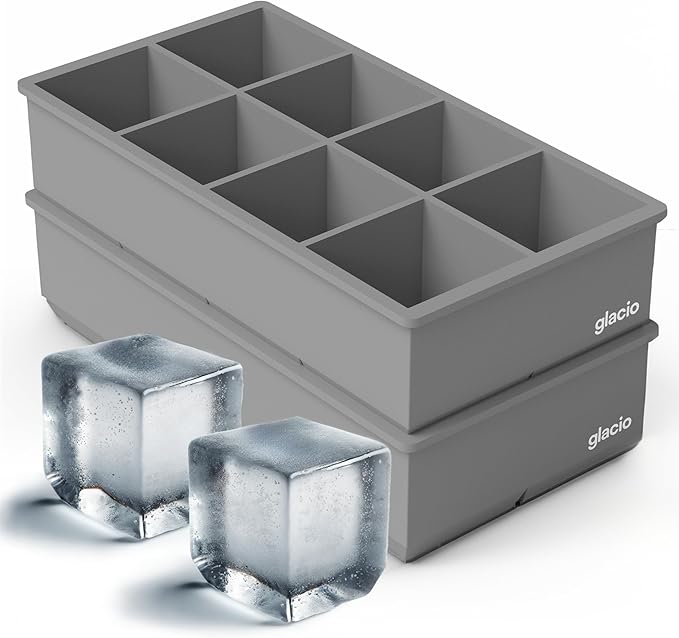 Ice Cube Molds – 2-Pack Silicone Trays for 8 Large Square Cubes – Slow-Melt Ice for Whiskey, Cocktails, Coffee & More by glacio