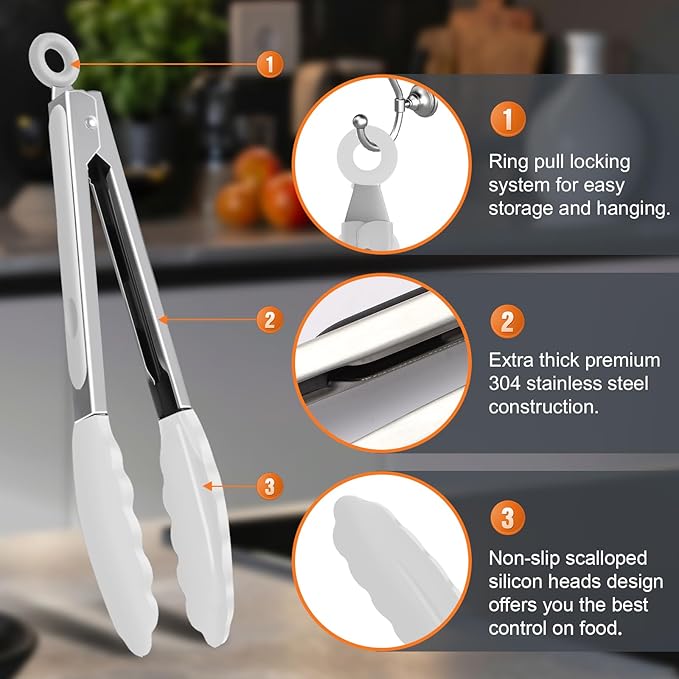 Premium Stainless Steel Heat Resistant Kitchen Tongs for cooking,set of 9" and 12" (White),Non Scratch Silicone cooking Tong Tip for Cooking Pans,Strong Grip BBQ tongs for Grabbing Hot Food - Image 5