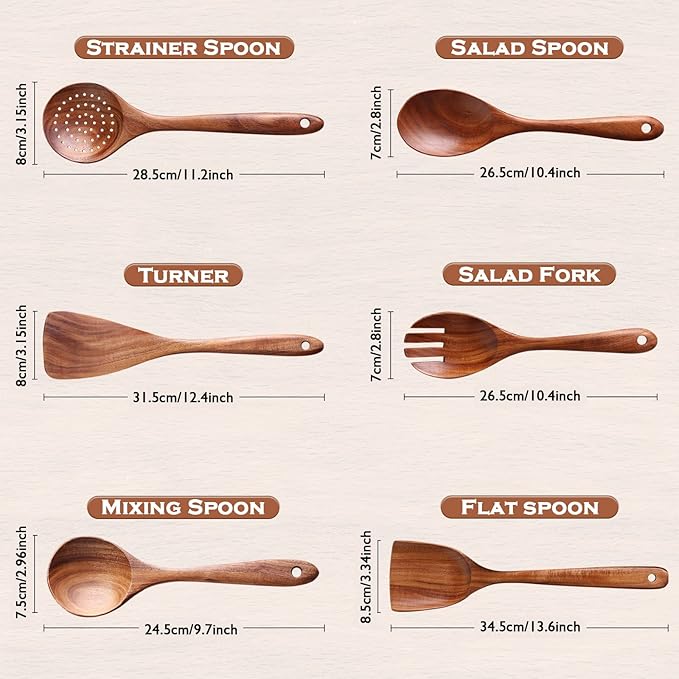 6Pcs Wooden Utensil Set, Natural Acacia Wooden Spoons for Cooking, Non-Stick, Smooth Finish, Easy to Clean, Comfort Grip, Kitchen Wooden Cooking Utensils Set