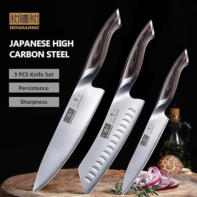 HOSHANHO 3 Pieces Knife Set, Professional Japanese High Carbon Stainless Steel Kitchen Knife Set, Ultra Sharp Chef Knives Sets with Ergonomic Pakkawood Handle - Image 4
