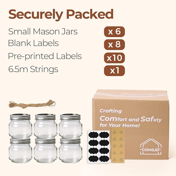 ComSaf 8 oz Regular Mouth Mason Jars,6Pcs Glass Jars for Home Cooks Making Jam and Jelly, and Crafters Creating DIY Candles and Party Favors, Canning Jar with Lids and Rings，Includes Labels & Twine - Image 8