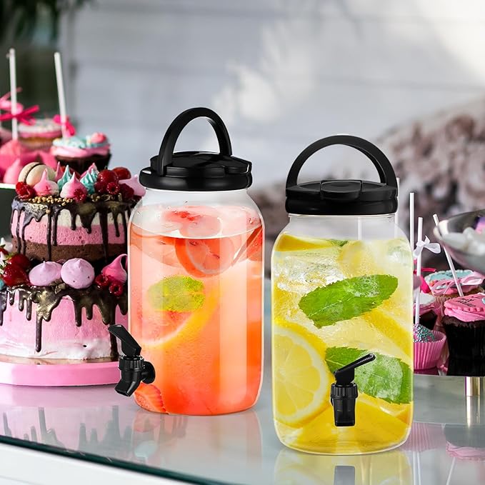 Havawish 2 Pcs 1 Gallon Plastic Beverage Dispenser with Spigot Clear Summer Kitchen Fridge Drink Dispenser for Parties Lemonade Juice Tea Beer Cold Water(Black,Cylinder)