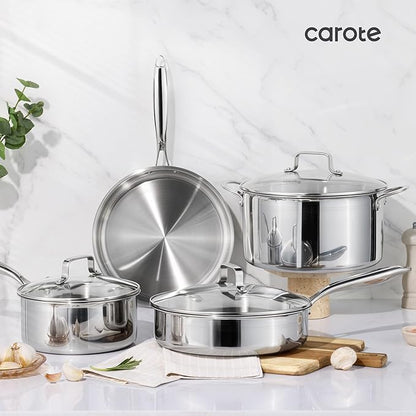 CAROTE 21pcs Tri-Ply Stainless Steel Cookware Set, Pots and Pans Set, Non Toxic Induction Kitchen Cooking Sets, Cookware Collection, Mirror Polish, Silver - Image 8