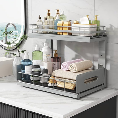 Under Sink Organizer Upgrade To Professional Rails,2-Tier Dual Pull Out Cabinet Storage,Height Adjustable Slide Out Drawers For Bathroom Kitchen,2 Pack-14.5"Dx12.8"-16.9"H,Gun Gray - Image 8