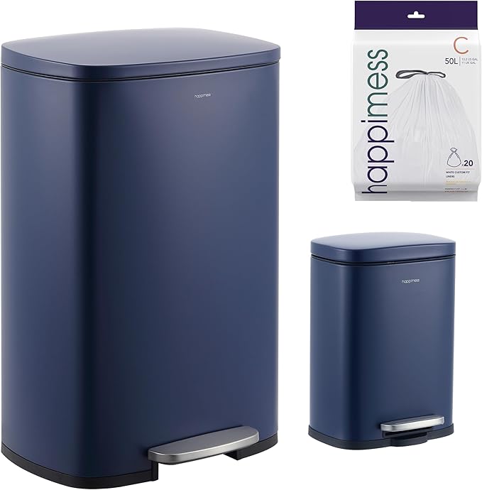 happimess HPM1006J Connor Rectangular 13-Gallon Trash Can with Soft-Close Lid and Free Mini Trash Can, Fingerprint Resistant, Modern, Minimalistic for Home, Kitchen, Office, Bathroom, Denim Blue by Happimess