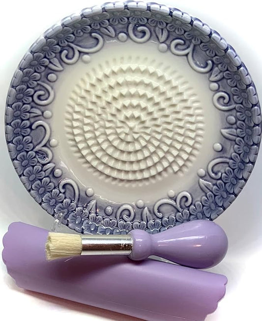 BonCera, All-in-one Premium Ceramic Garlic Grater Plate 4-Piece Set - Purple Embossed Design and Style - For Garlic, Ginger, Chocolate, and more! - Comes with 5.25" Plate, Peeler, Brush, and Stand by BonCera