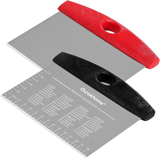 Ourokhome 2 Pack Bench Scraper Dough Cutter, Stainless Steel Dough Scraper with Laser-Etched Scale, Conversion Chart, Non-Slip Handle, Dishwasher Safe for Bread & Pastry, Black and Red by Ourokhome