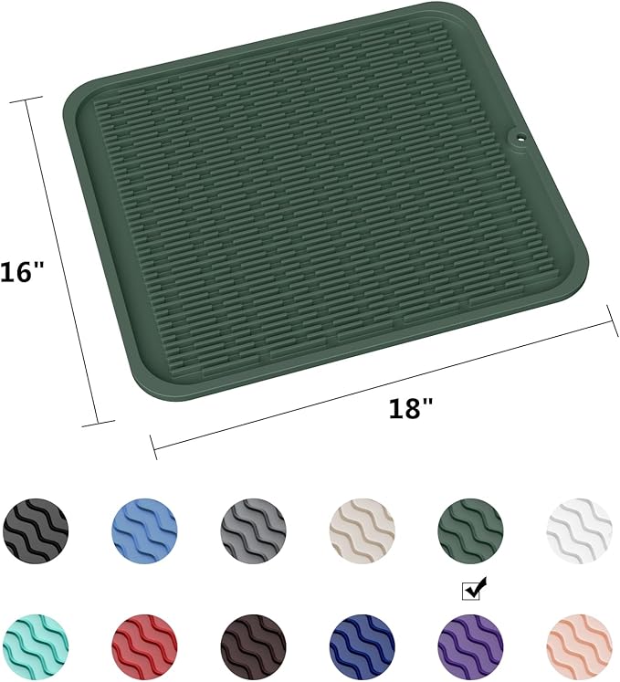 ZLR Large Silicone Dish Drying Mat (16" x 18") - XL Heavy Duty Drainboard Mat for Pots, Pans & Family Loads - Heat Resistant Trivet & Counter Protector, Easy Clean (Dark Green) - Image 6