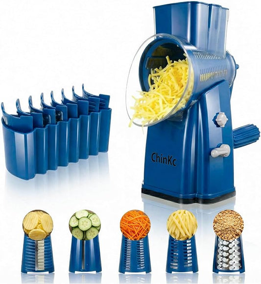 Upgrade Rotary Cheese Grater Shredder with Handle, Strong Suction Base, Multi-purpose Rotary Grater Slicer with 5 Interchangeable Blades for Ice, Vegetables, Fruit, Nuts with Blade Storage Box by ChinKc