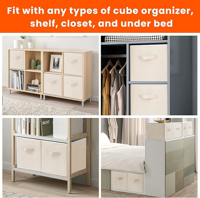 Criusia Storage Cubes - 11 Inch Heavy Duty Fabric Storage Bins for Shelves Closet Cube Organizer - 8 Pack Collapsible Cube Storage Bins Baskets for Clothes Blankets Toys - Nursery Organization (Beige) - Image 6