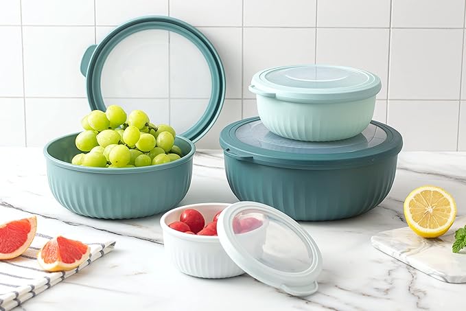 COOK WITH COLOR Prep Bowls with Lids- Wide and Deep Nesting Plastic Small Mixing Bowl Set with Lids, 8 Piece Set - Wide Bowls, Teal - Image 6