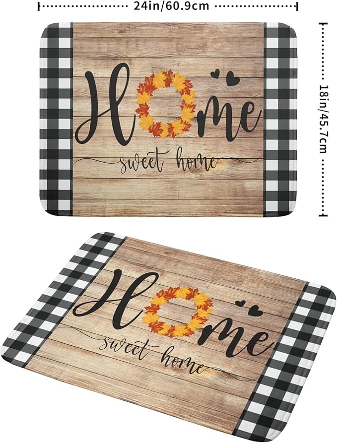 Giwawa Home Sweet Home Dish Drying Mat 18x24 Inch Fall Autumn Maple Leaf Wreath Dish Drainer Mats Rustic Brown Wood Board Microfiber Dish Drying Rack Pad for Kitchen Countertop Farmhouse Decor
