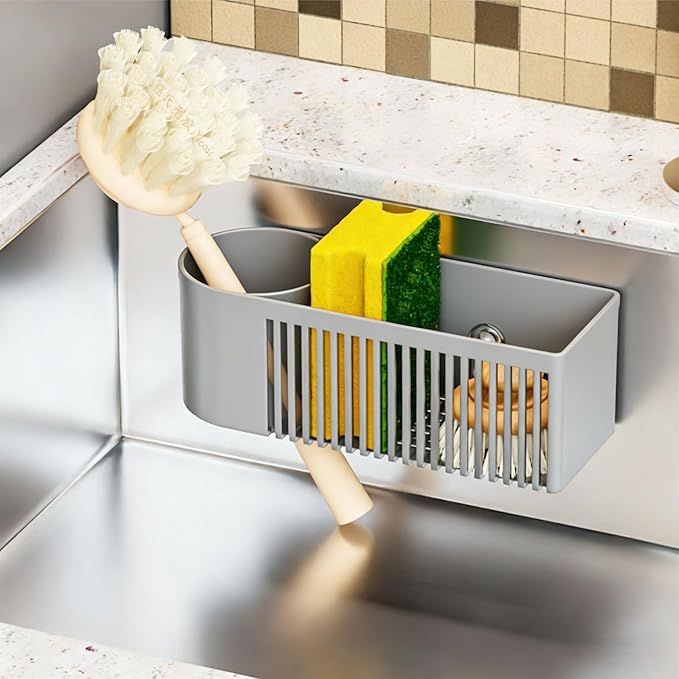 SuoXing Inside Sink Sponge Holder,Grey Rustproof Sink Caddy and Scrub Holder for Kitchen Sink with Suction Cup,Adhesive,Plastic Dish Sink Organizer for Scrub Brush,Scrubber,Dish Sponge,Spinge Holder by SuoxingStorage