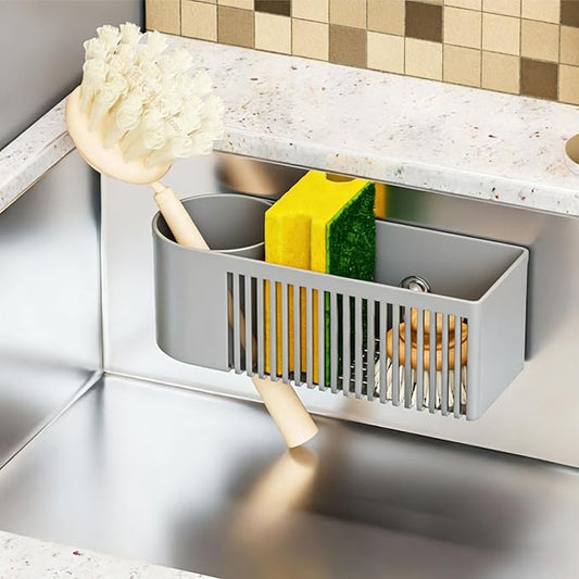 SuoXing Inside Sink Sponge Holder,Grey Rustproof Sink Caddy and Scrub Holder for Kitchen Sink with Suction Cup,Adhesive,Plastic Dish Sink Organizer for Scrub Brush,Scrubber,Dish Sponge,Spinge Holder by SuoxingStorage