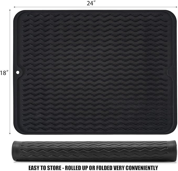 Large 24" x 18" Silicone Dish Drying Mat for Kitchen Counter, Easy clean, Quick Dry, Heat-resistant Dish Drainer Mat for Sink,Refrigerator or Drawer liner (Food Grade Silicone-Black) - Image 2