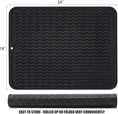 Large 24" x 18" Silicone Dish Drying Mat for Kitchen Counter, Easy clean, Quick Dry, Heat-resistant Dish Drainer Mat for Sink,Refrigerator or Drawer liner (Food Grade Silicone-Black) - Image 2