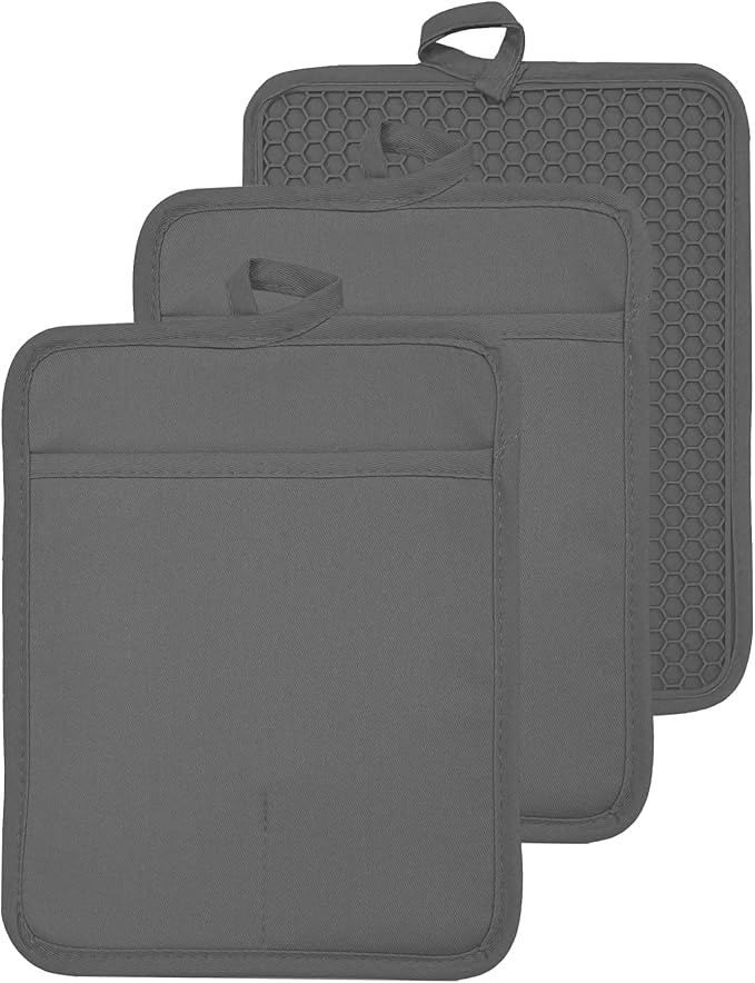 Oven Pot Holder with Pocket Cotton Heat Resistant Coaster Potholder Kitchen Hot Pad Oven Mitts for Cooking and Baking Square 7"x9" (Grey, Silicone) by VEIKERY