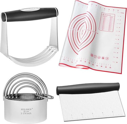 HULISEN Stainless Steel Biscuit Cutter Set, Silicone Mat, Pastry Scraper and Dough Blender, Sturdy & Long-Lasting with Ergonomic Rubber Grip, Professional Baking Dough Tools, Gift Package (4 Pcs/Set) by HULISEN