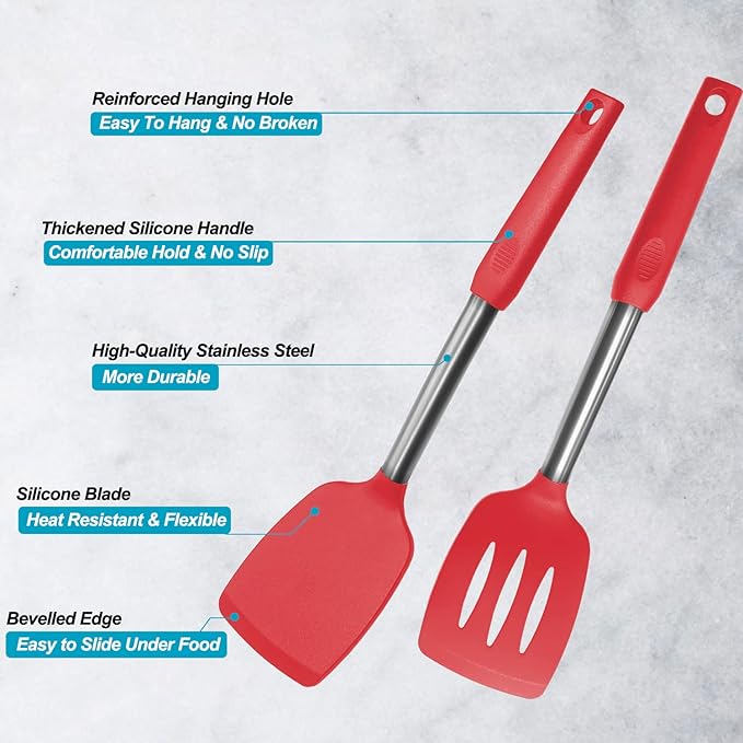 2 Pack Spatulas, Solid & Slotted Silicone Spatula Set, Stainless Steel Handle Coated with Silicone, Non Stick Turners, Heat Resistant Rubber Spatulas for Fish, Eggs, Pancakes, WOK, Red - Image 3