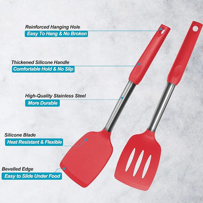2 Pack Spatulas, Solid & Slotted Silicone Spatula Set, Stainless Steel Handle Coated with Silicone, Non Stick Turners, Heat Resistant Rubber Spatulas for Fish, Eggs, Pancakes, WOK, Red - Image 3