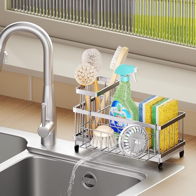 SWTYMIKI Sink Caddy Sponge Holder - Large Sponge Holder for Kitchen Sink with 360°Auto-Drain Tray, Rustproof Stainless Steel Kitchen Organizer Caddy for Countertop Organization - Image 3