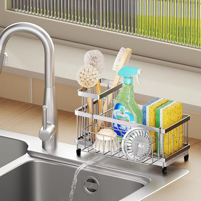 SWTYMIKI Sink Caddy Sponge Holder - Large Sponge Holder for Kitchen Sink with 360°Auto-Drain Tray, Rustproof Stainless Steel Kitchen Organizer Caddy for Countertop Organization - Image 3