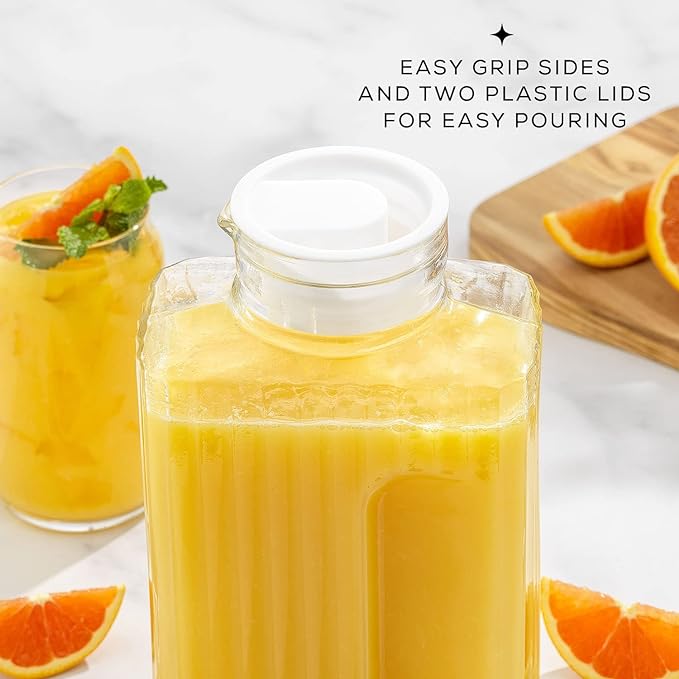 68oz Glass Pitcher with Lid (2 Lids), Rectangle Beverage Serveware and Storage Container for Cold Drinks and Liquids, Water Containers, 2 Quart Pitcher with Lid for Kool Aid and Lemonade - Image 5