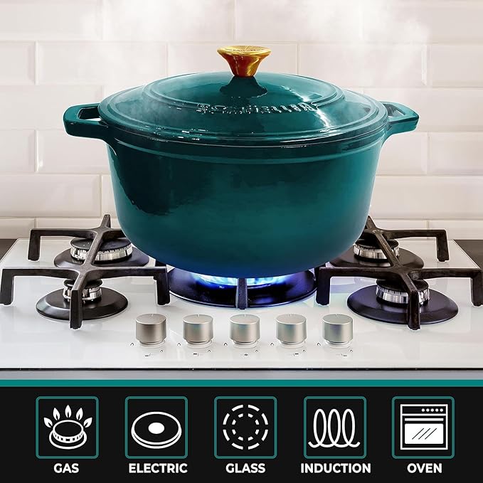MUELLER HOME 4.5 QT Enameled Cast Iron Dutch Oven, Heavy-Duty Casserole Dish and Braiser Pan with Lid, Oven-Safe up to 500° F & Across All Cooktops, Housewarming Gifts New Home, Emerald - Image 5