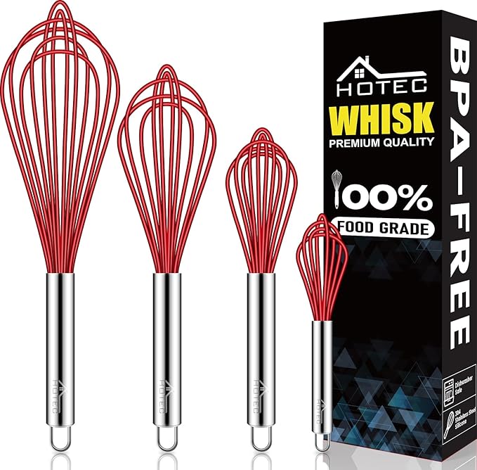 HOTEC 4 Pieces Silicone Whisks Set, Wire Balloon Whisks Egg Beater, Non-slip Handle Whisk for Non-stick Cookware Perfect for Cooking, Stirring, Beating and Blending (Red) by Hotec