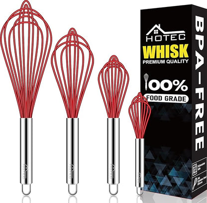 HOTEC 4 Pieces Silicone Whisks Set, Wire Balloon Whisks Egg Beater, Non-slip Handle Whisk for Non-stick Cookware Perfect for Cooking, Stirring, Beating and Blending (Red) by Hotec