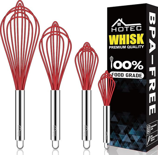 HOTEC 4 Pieces Silicone Whisks Set, Wire Balloon Whisks Egg Beater, Non-slip Handle Whisk for Non-stick Cookware Perfect for Cooking, Stirring, Beating and Blending (Red) by Hotec