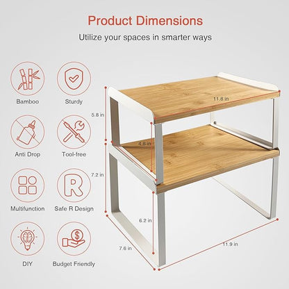 Goozii Kitchen Cabinet Organizer Set of 4, Desk Shelf Riser, Stackable Cabinet Pantry Cupboard Organizer, Kitchen Counter top Shelf, Storage Rack for Spices, Plates, Bamboo Wood, White