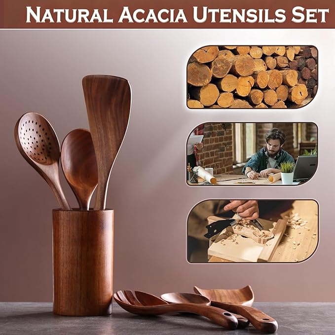 6Pcs Wooden Utensil Set, Natural Acacia Wooden Spoons for Cooking, Non-Stick, Smooth Finish, Easy to Clean, Comfort Grip, Kitchen Wooden Cooking Utensils Set
