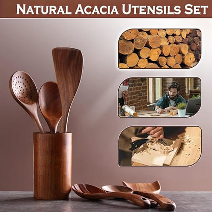 6Pcs Wooden Utensil Set, Natural Acacia Wooden Spoons for Cooking, Non-Stick, Smooth Finish, Easy to Clean, Comfort Grip, Kitchen Wooden Cooking Utensils Set