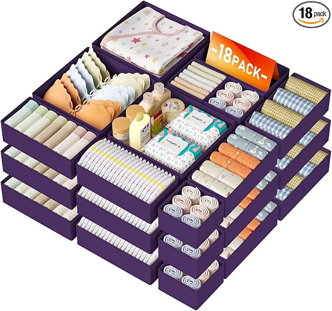 DIMJ Drawer Organizer Clothes 18 Pack - Foldable Baby Organizers and Storage & Dresser Organizer for Bedroom, Closet - Nursery Organization Dresser Dividers for underwear, Sock,Bra, Belt, Tie, Purple by DiMJ