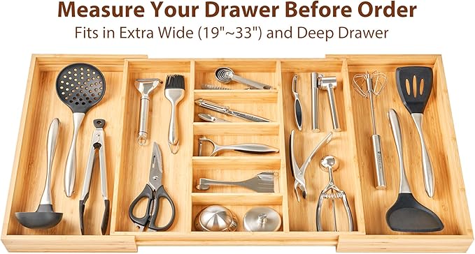Umilife Extra Large Expandable Kitchen Drawer Organizer for Utensil and Junk, 19" Deep for Big Drawer, 19" to 33" Adjustable Bamboo Wood Drawer Divider, Cutlery Tray, Flatware Holder - Image 4