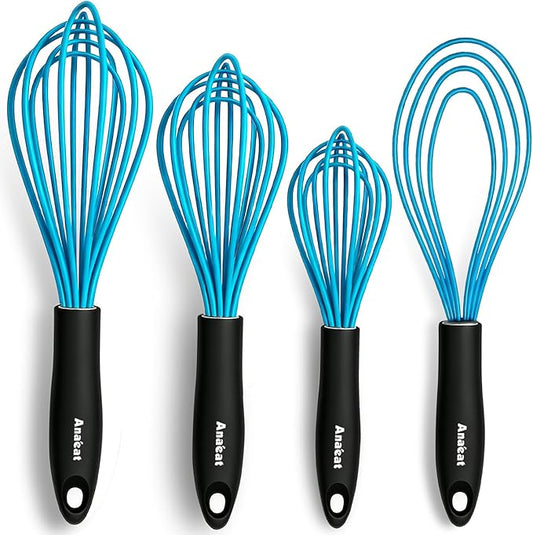 Anaeat Silicone Kitchen Whisk Set of 4, Perfect for Non-Stick Cookware, Milk and Egg Beater Blender for Whisking, Cooking, Baking, Beating - 11'' Flat Whisk and 9''+11''+12'' Balloon Whisks (Blue) by Anaeat