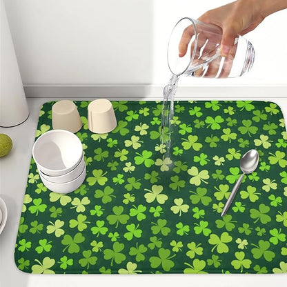St. Patrick's Day Dish Drying Mat for Kitchen Counter,Irish Green Shamrocks Clover Leaves Drying Mat 18 x 24 Inch with Absorbent Reversible Microfiber Dish Drying Pad for Coffee Bar - Image 6