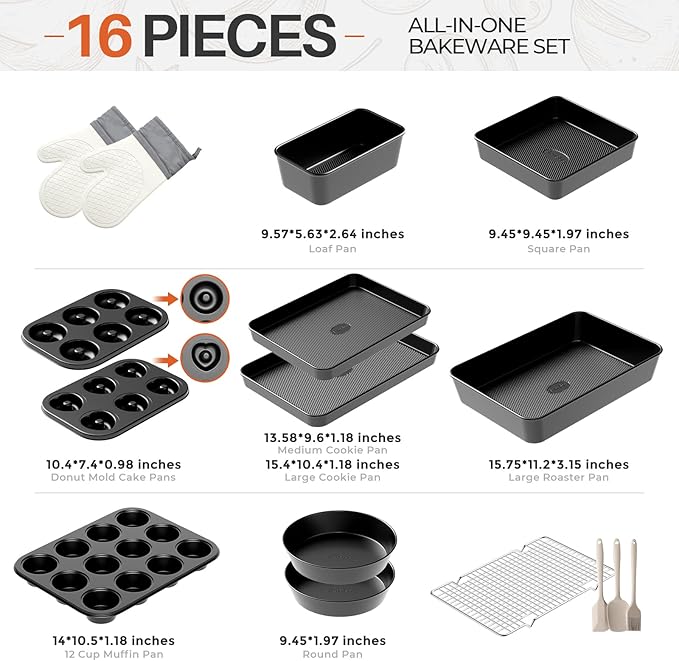 16-Piece Nonstick Bakeware Set with Oven Mitts, Donut Pan, and Heart Pan, Stackable Carbon Steel Baking Pans Set with Kitchen Utensils and Rack, Ceramic Coating, Black - Image 5