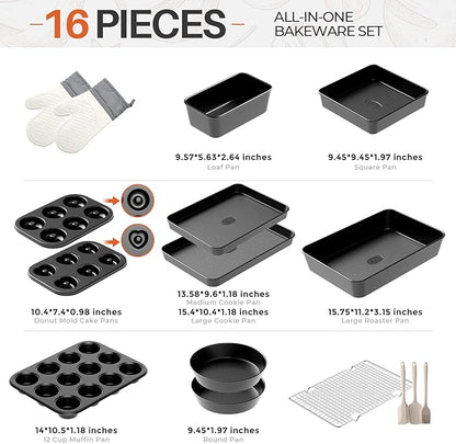 16-Piece Nonstick Bakeware Set with Oven Mitts, Donut Pan, and Heart Pan, Stackable Carbon Steel Baking Pans Set with Kitchen Utensils and Rack, Ceramic Coating, Black - Image 5