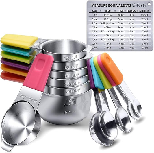Measuring Cups, U-Taste Magnetic Measuring Cups and Spoons Set of 13 in 18/8 Stainless Steel: 7 Measuring Cups and 5 Measuring Spoons with 1 Professional Magnetic Measurement Conversion Chart by U-Taste
