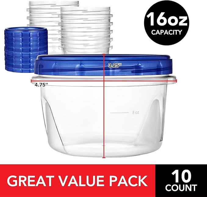 Stock Your Home 16oz Plastic Containers with Twist Top Lids (10 Pack), 2 Cup Freezer Containers with Lids for Leftover Food, Airtight Reusable Soup Containers, Microwave and Dishwasher Safe - Image 2