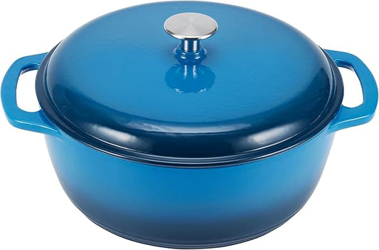 Amazon Basics Enameled Cast Iron Dutch Oven Pot with Lid, Round, Dual Handles, Heavy-Duty, Oven Safe for Baking, Roasting, Stews, 6-Quart, Blue by AmazonBasics