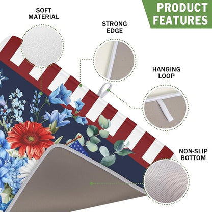 4th of July Dish Drying Mat for Kitchen Counter Patriotic Red Blue and White Floral American Flag Microfiber Dish Drainer Mat Absorbent Washable Drying Pad Extra Large 16"x18"