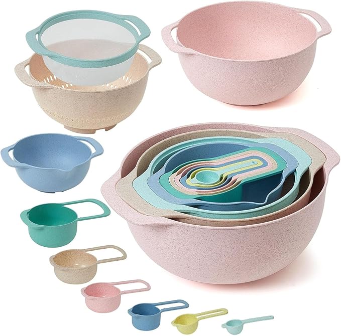 Plastic Mixing Bowls Set 8/10 PCS with Measuring Spoon, Colorful Serving Bowls for Kitchen, Ideal for Baking, Prepping, Nesting Bowls for Space Saving Storage (Wheat) by FoniFox