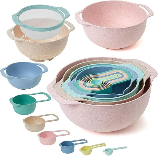 Plastic Mixing Bowls Set 8/10 PCS with Measuring Spoon, Colorful Serving Bowls for Kitchen, Ideal for Baking, Prepping, Nesting Bowls for Space Saving Storage (Wheat) by FoniFox