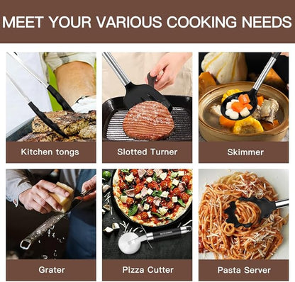 Kitchen Utensils Set-Silicone Cooking Utensils-32 pcs Non-Stick Silicone Cooking Kitchen Utensils Spatula Set with Holder-Best Kitchen Cookware with Stainless Steel Handle (Black) - Image 8