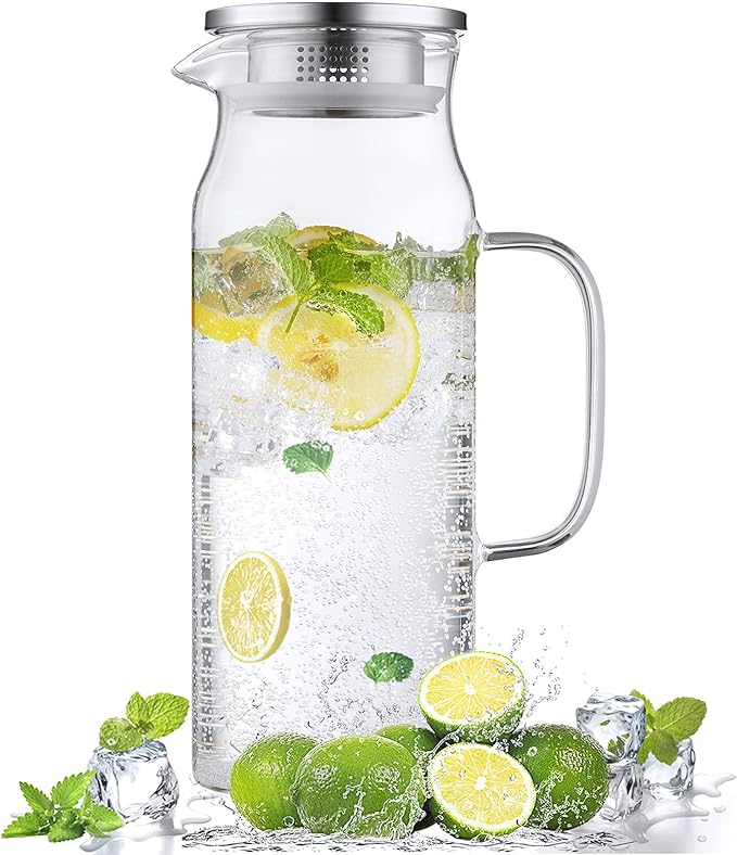 Bivvclaz 1.6 Liter 54 oz Glass Pitcher with Lid and Handle, Glass Carafe Water Pitcher for Hot/Cold Water, Iced Tea, Drinks, Coffee, Juice and Homemade Beverage by Bivvclaz